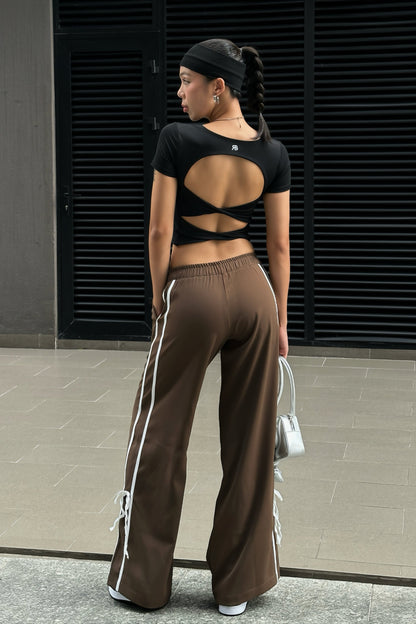 Low-rise Bow tie Wide leg Khaki Pants